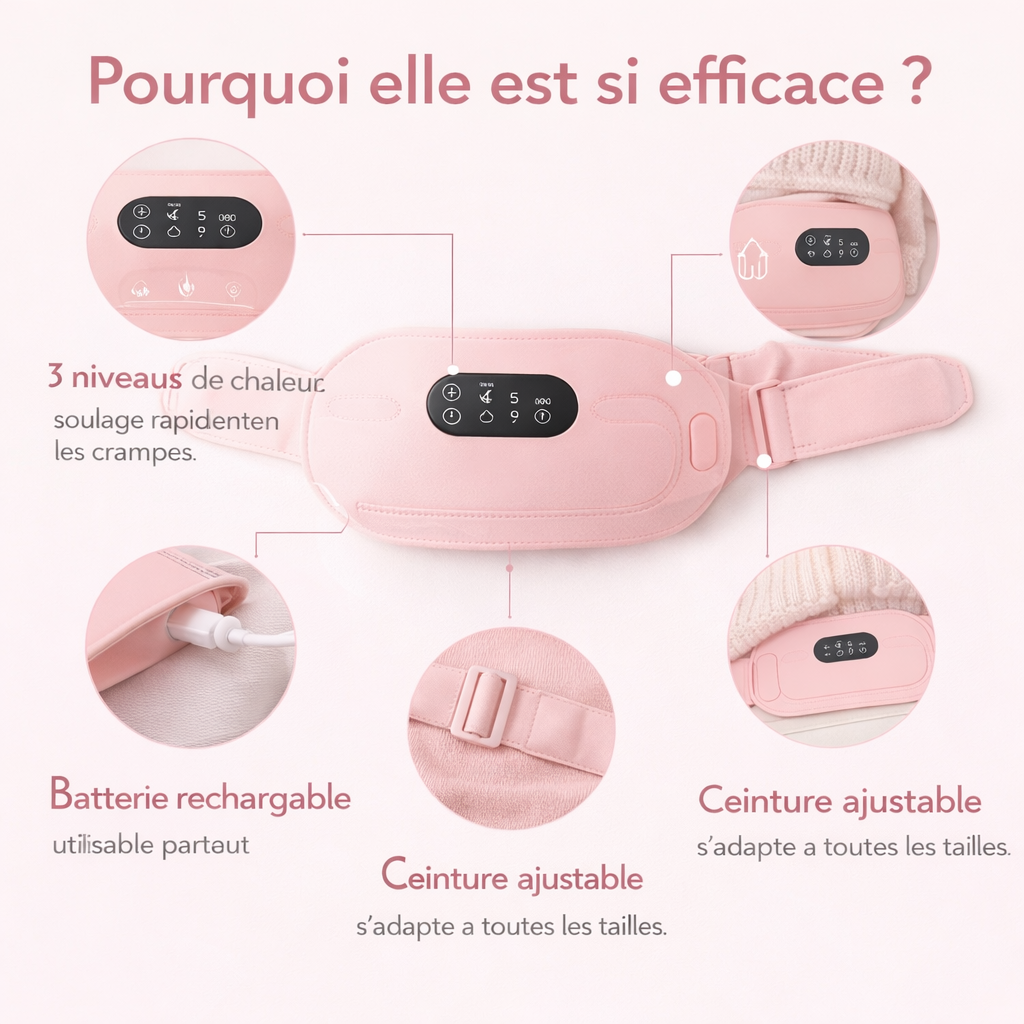 🌸 Ceinture Chauffante Anti-Crampes (Chaleur + Massage)